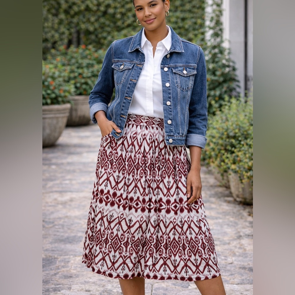 Pink Linen Loft Midi Skirt with Elastic Waist